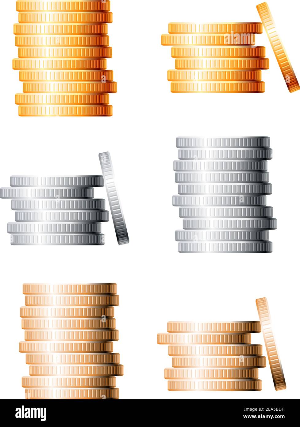 Pile di monete in bronzo, argento e oro isolate su sfondo bianco Illustrazione Vettoriale