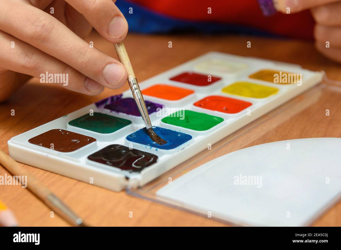 Le mani del bambino si immergono con una spazzola nella colore desiderato di vernici acquerello Foto Stock