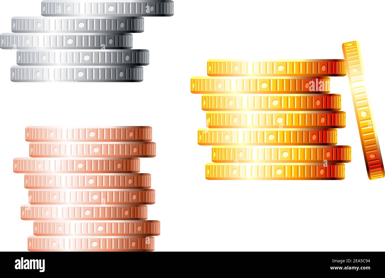 Pile di monete d'oro, d'argento e di bronzo isolate su sfondo bianco per la progettazione di concept finance Illustrazione Vettoriale