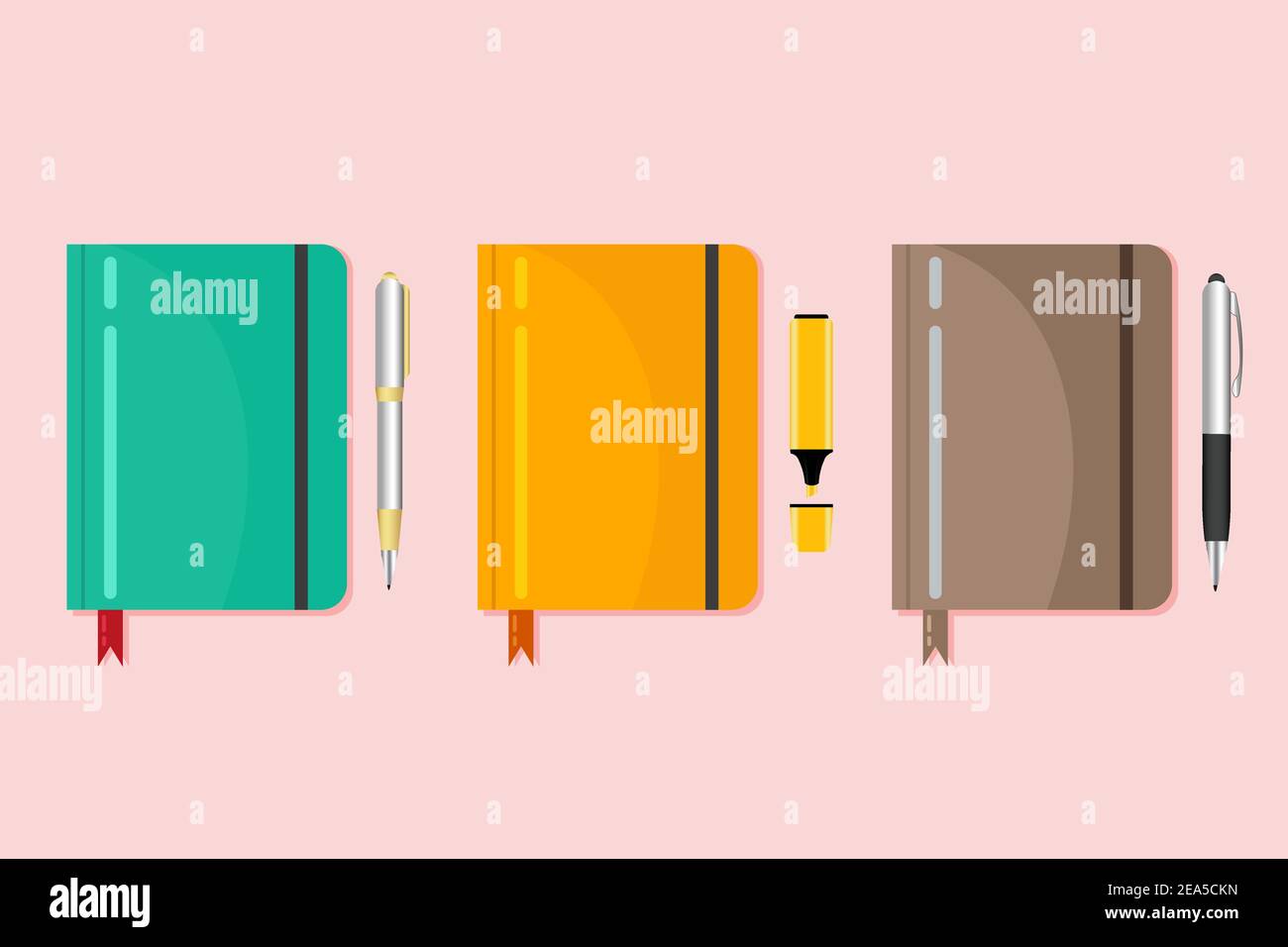 Set di notebook piatti con penne Illustrazione Vettoriale
