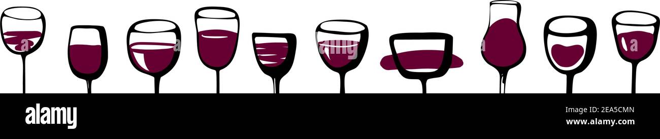 Striscione per bicchieri da vino - collezione di verricelli ad acquerello e silhouette in vetro. Bicchiere disegnato a mano con vino rosso all'interno, isolato i Illustrazione Vettoriale