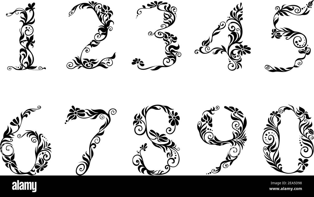 Cifre e numeri con dettagli floreali in stile retrò Illustrazione Vettoriale