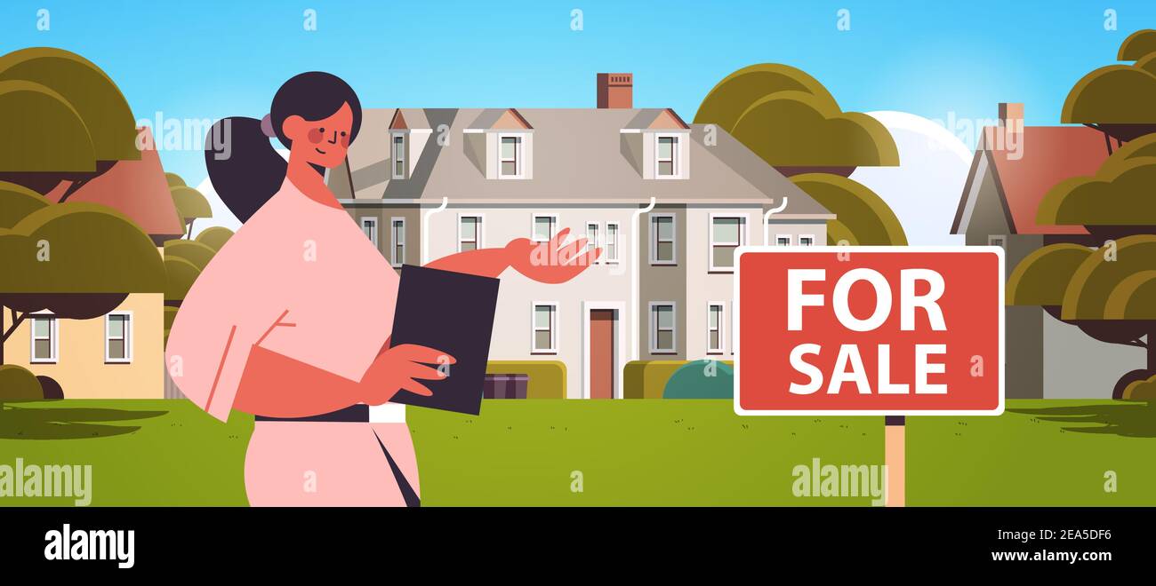 responsabile vendite donna che presenta moderna offerta di prestito ipotecario casa di città immobiliare segno di affitto urbano edificio facciata orizzontale ritratto vettore illustrazione Illustrazione Vettoriale
