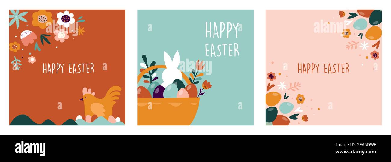 Boho concetto di design pasquale, coniglietti, uova, fiori e arcobaleni in colori pastello e terracotta, illustrazioni vettoriali piatte Illustrazione Vettoriale