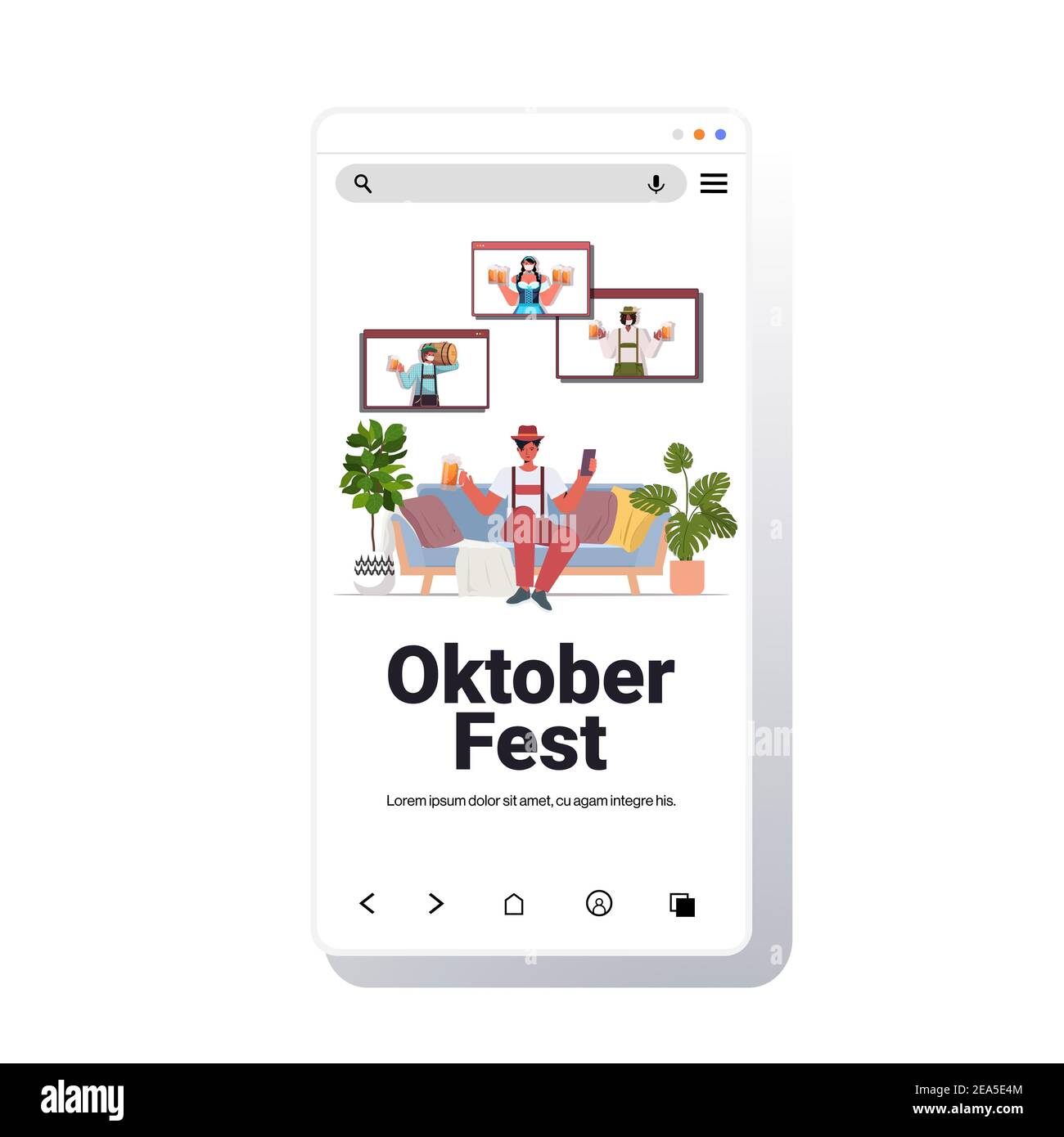 uomo che beve birra discutere con amici di gara mix durante il video Chiamata Oktoberfest festa celebrazione coronavirus quarantena auto isolamento smartphone schermo illustrazione vettoriale Illustrazione Vettoriale