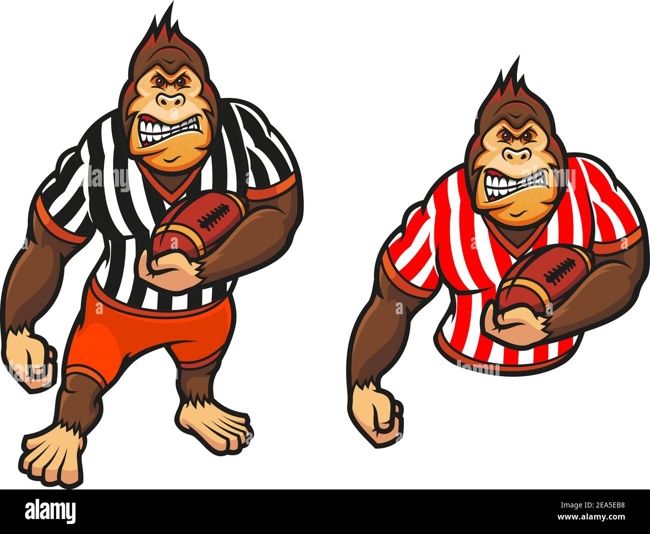 Gorilla giocatore con palla di rugby in stile cartoon per mascotte design Illustrazione Vettoriale
