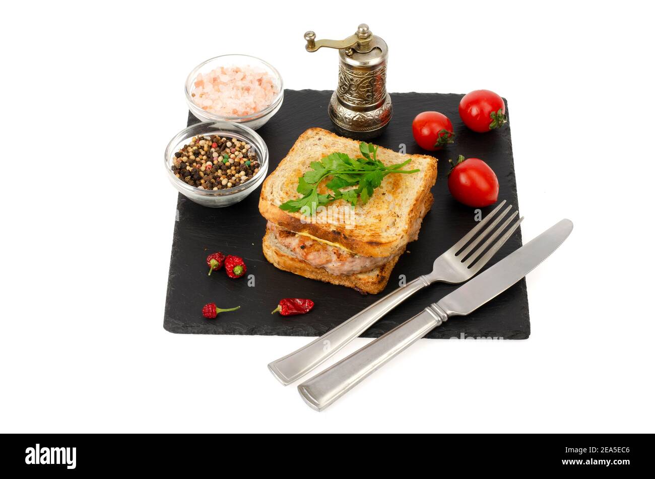 Hamburger con cotoletta di manzo e pane tostato alla griglia. Studio foto Foto Stock