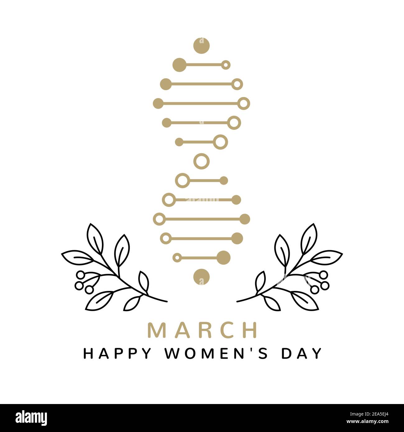 Design minimalista sottile per i giorni internazionali delle donne. 8 marzo con il numero 8 sotto forma di un filamento di DNA isolato su sfondo bianco. Illustrazione vettoriale. Felice carta giorno donna Illustrazione Vettoriale