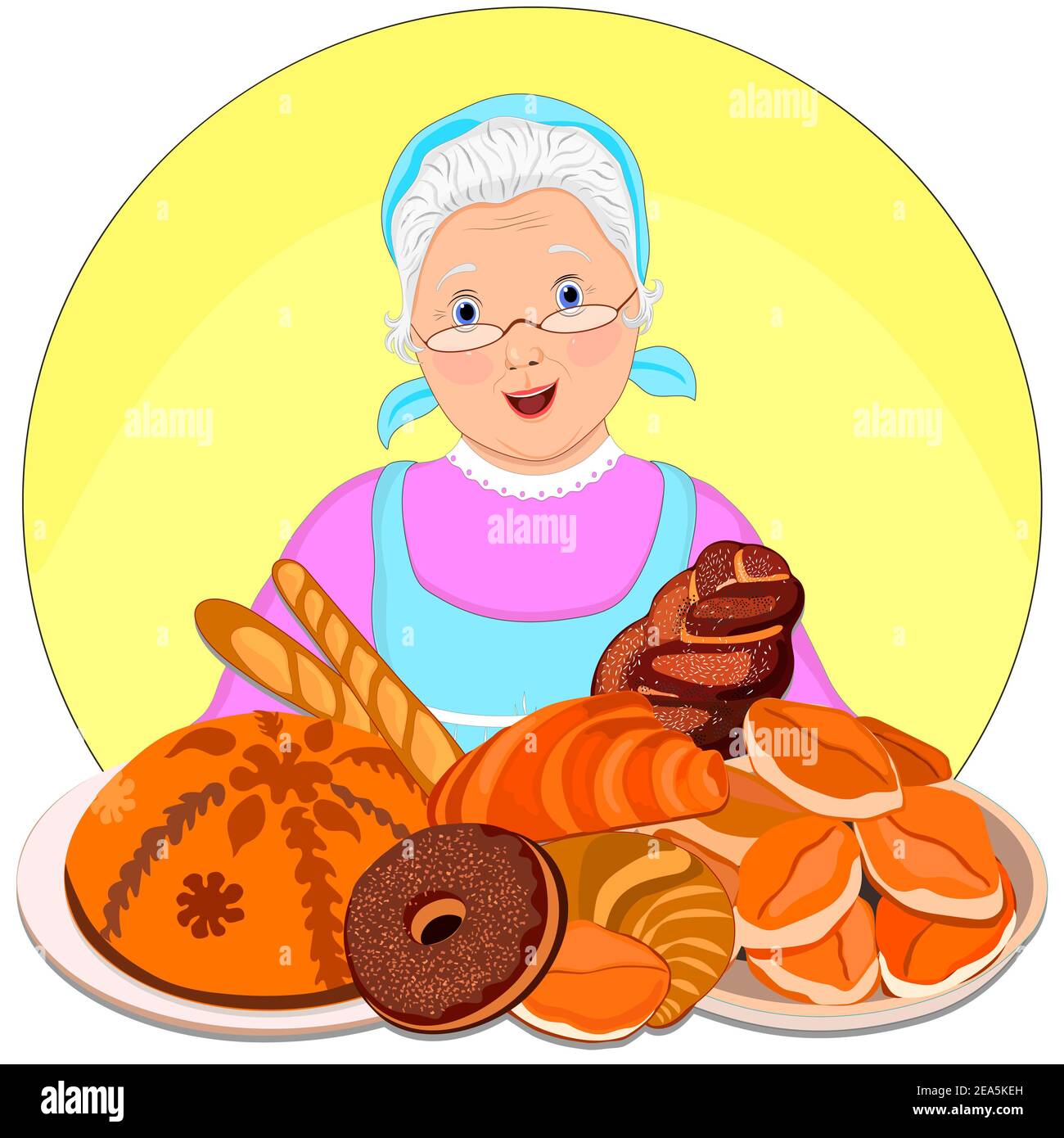 Un disegno piatto di una nonna felice con torte . Nonna in occhiali, grembiule. Panini, torte, pane, baguette. Isolato. Foto Stock