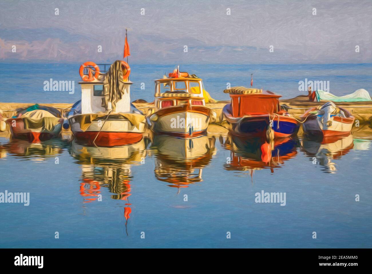 Pittura digitale di barche in un porto, riflessa nell'acqua. Foto Stock
