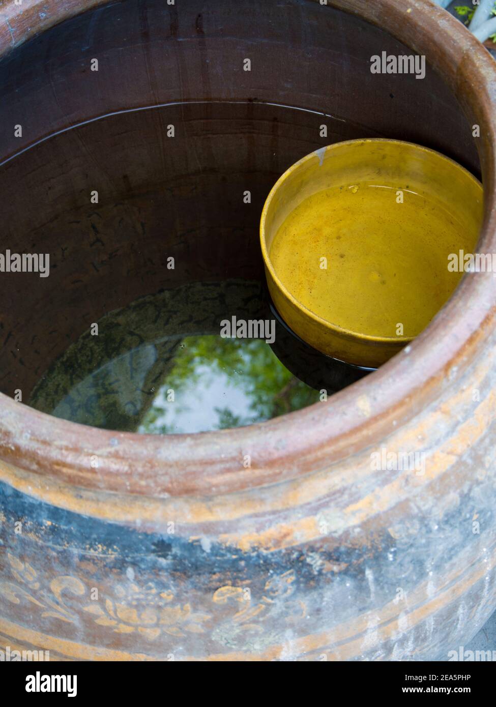 Il recipiente di plastica giallo si trova nel vaso Foto Stock