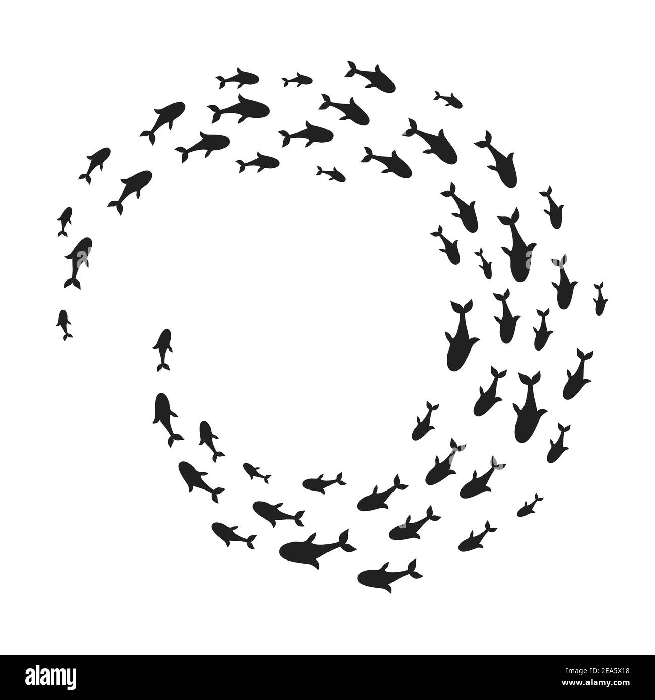 Sagome scuola di pesce con vita marina di varie dimensioni nuoto pesci in cerchio piatto stile disegno vettoriale illustrazione. Colonia di grandi e di smal Illustrazione Vettoriale