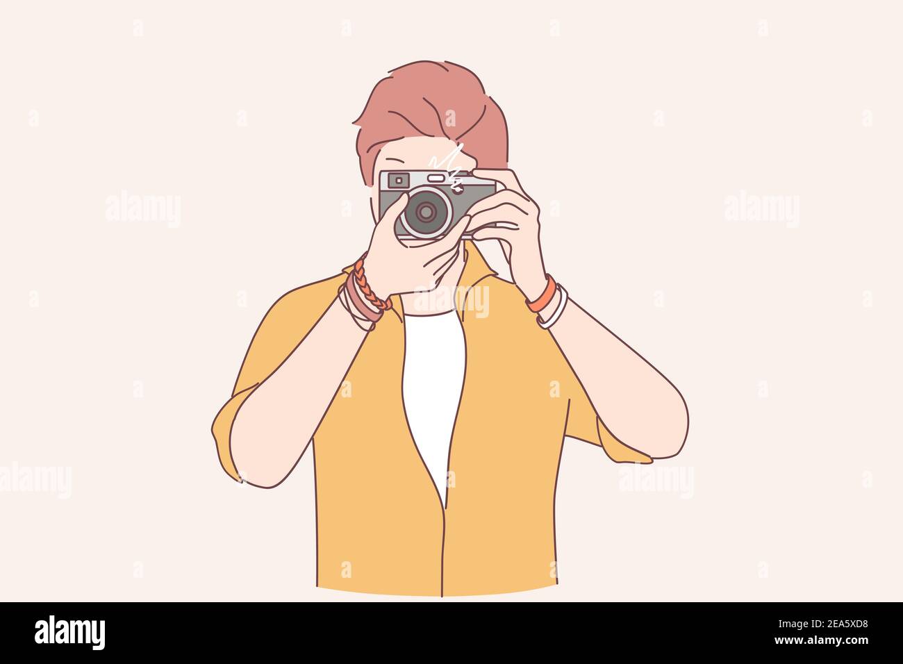 Creatività, fotografia, concetto di artista. Giovane uomo freelance fotografo cartoon personaggio in piedi facendo scattare foto a macchina fotografica illustrazione vettoriale Illustrazione Vettoriale