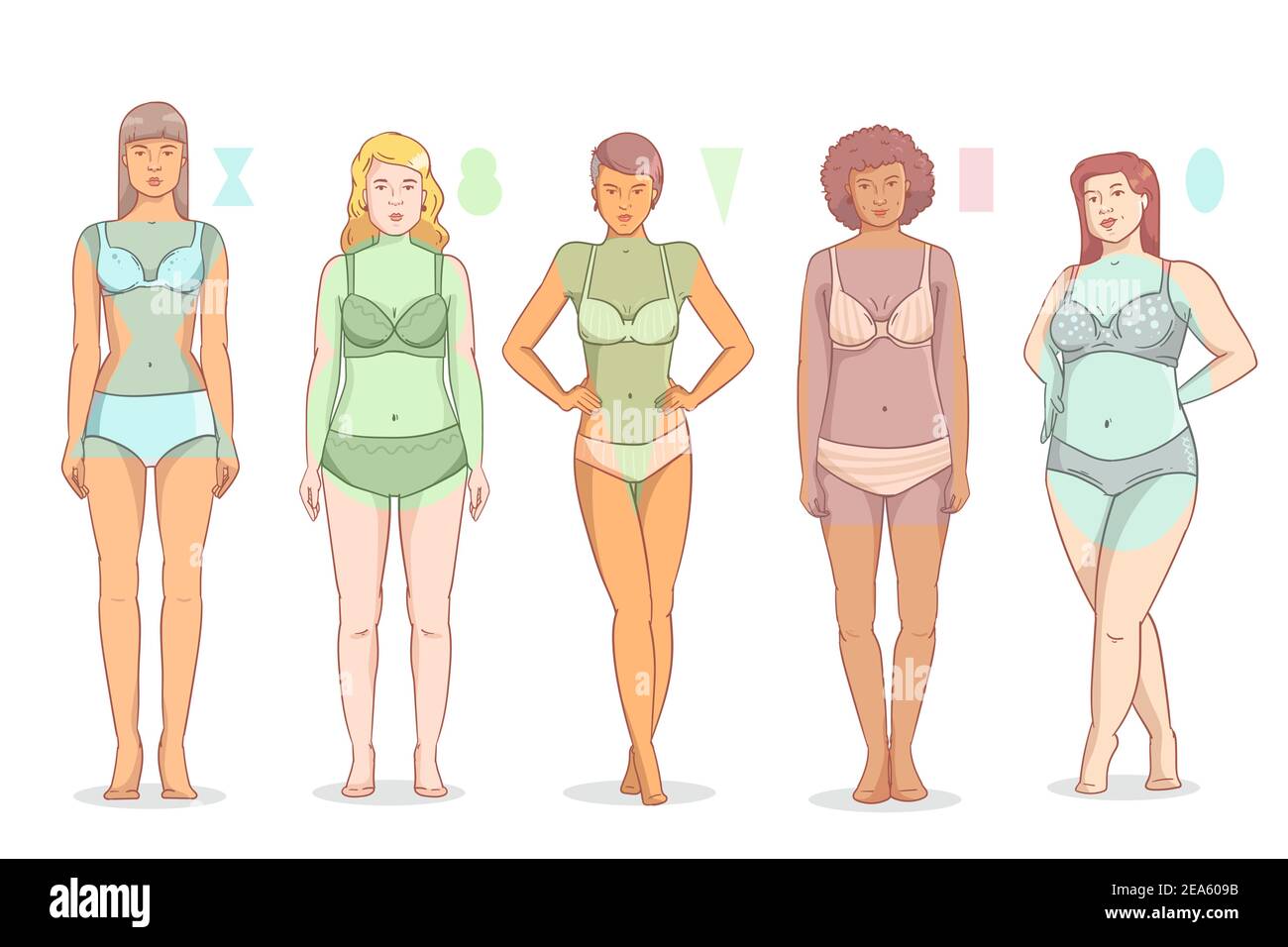 Tipi disegnati a mano piatta di forme del corpo femmina illustrazione vettoriale. Illustrazione Vettoriale