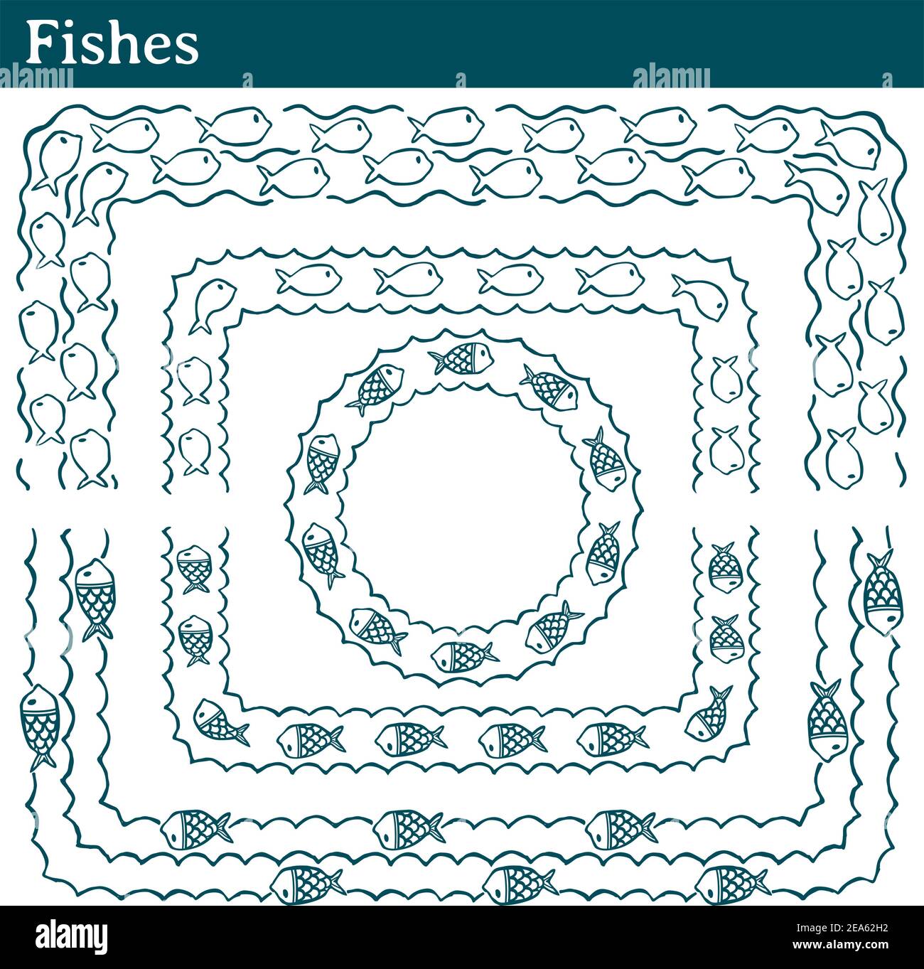 4 diversi pennelli vettoriali con pesci che nuotano in mare. Tutte le spazzole includono le piastrelle angolari esterne e interne. Illustrazione Vettoriale