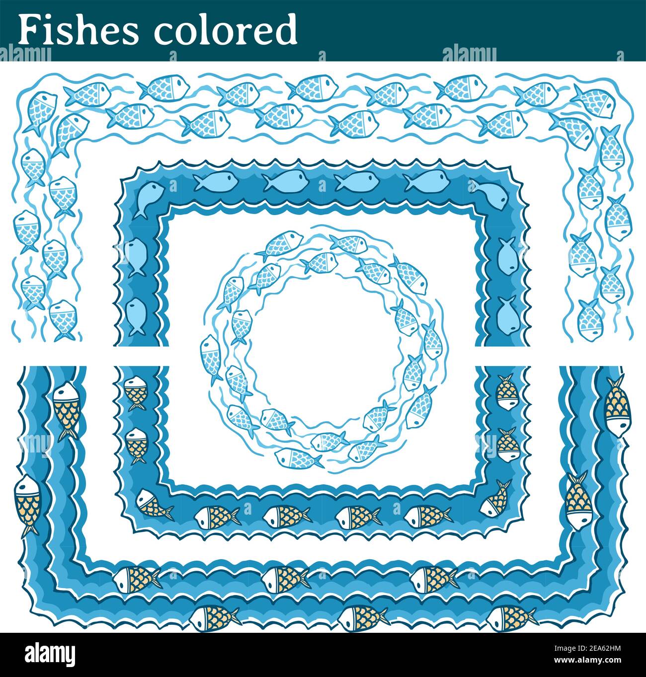 4 diversi pennelli vettoriali con pesci che nuotano in mare. Tutte le spazzole includono le piastrelle angolari esterne e interne. Illustrazione Vettoriale