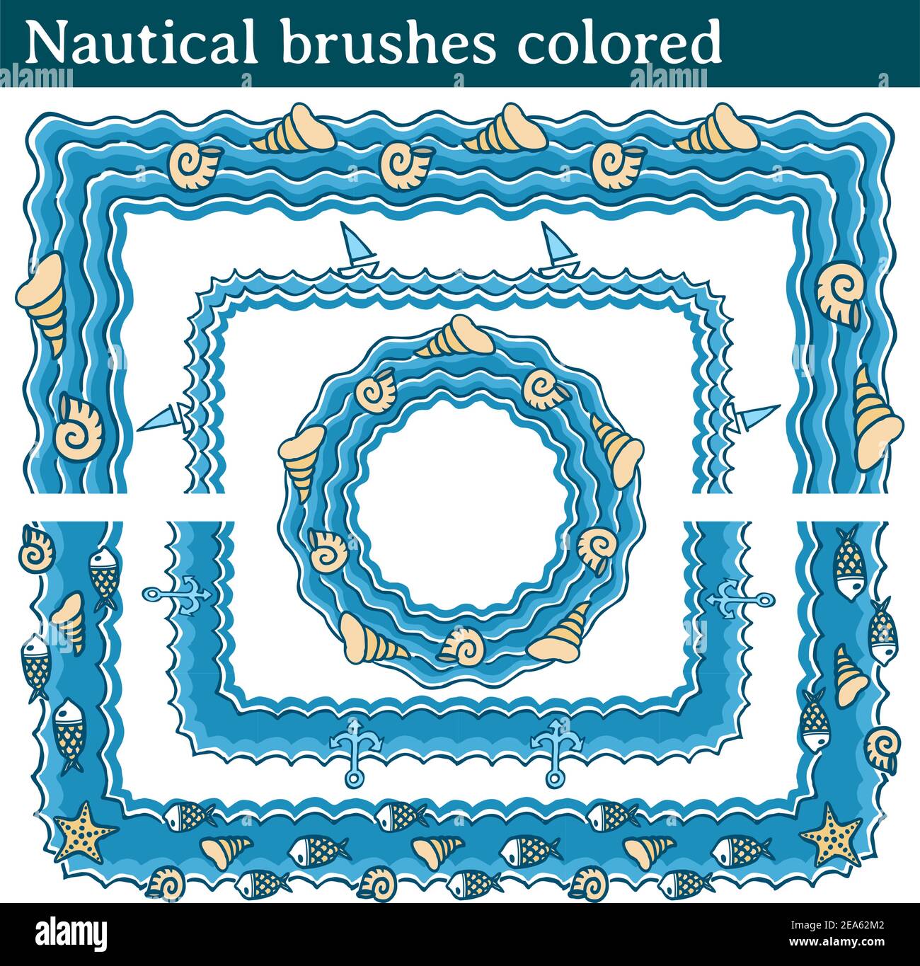 4 diversi pennelli vettoriali con elementi relativi al mare. Tutte le spazzole includono le piastrelle angolari esterne e interne. Illustrazione Vettoriale