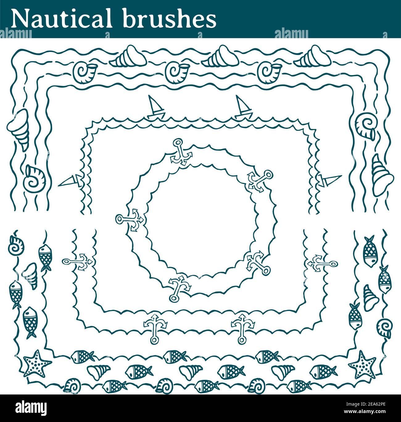 4 diversi pennelli vettoriali con elementi relativi al mare. Tutte le spazzole includono le piastrelle angolari esterne e interne. Illustrazione Vettoriale