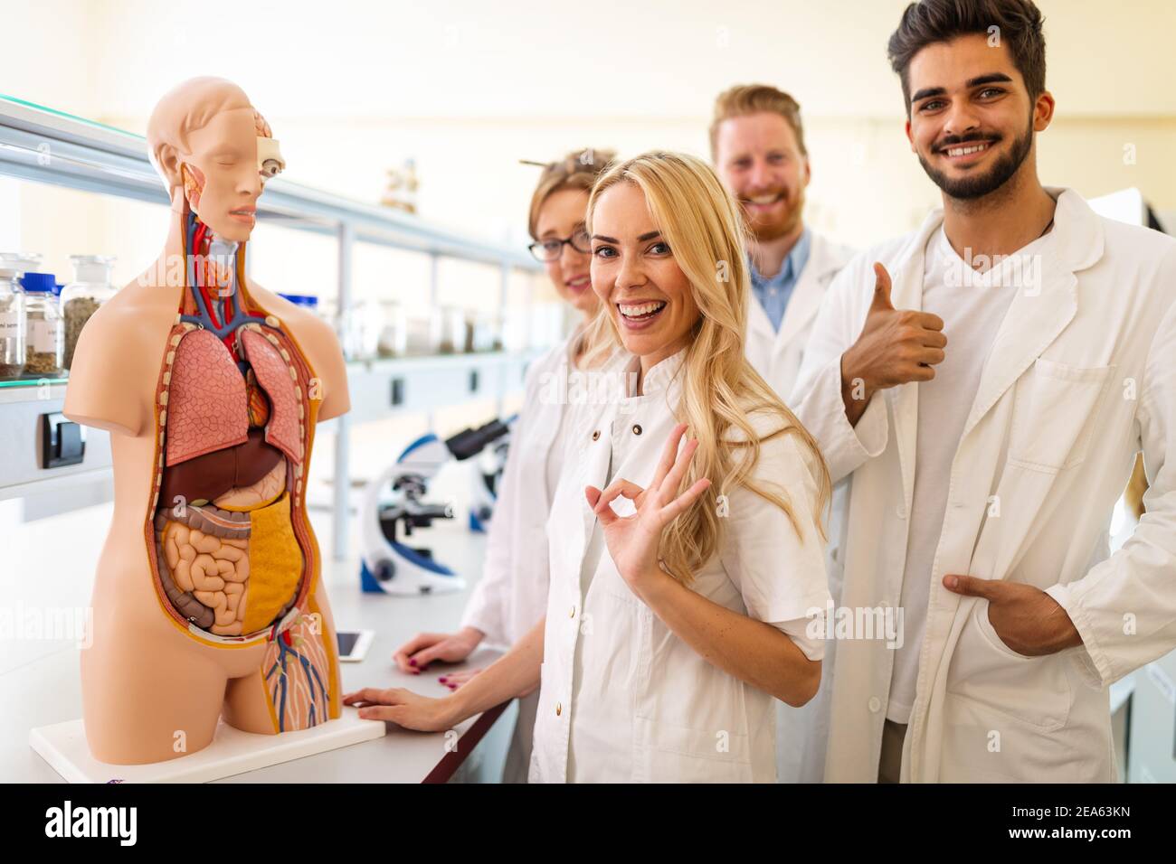 Gli studenti di medicina esame modello anatomico in aula Foto Stock