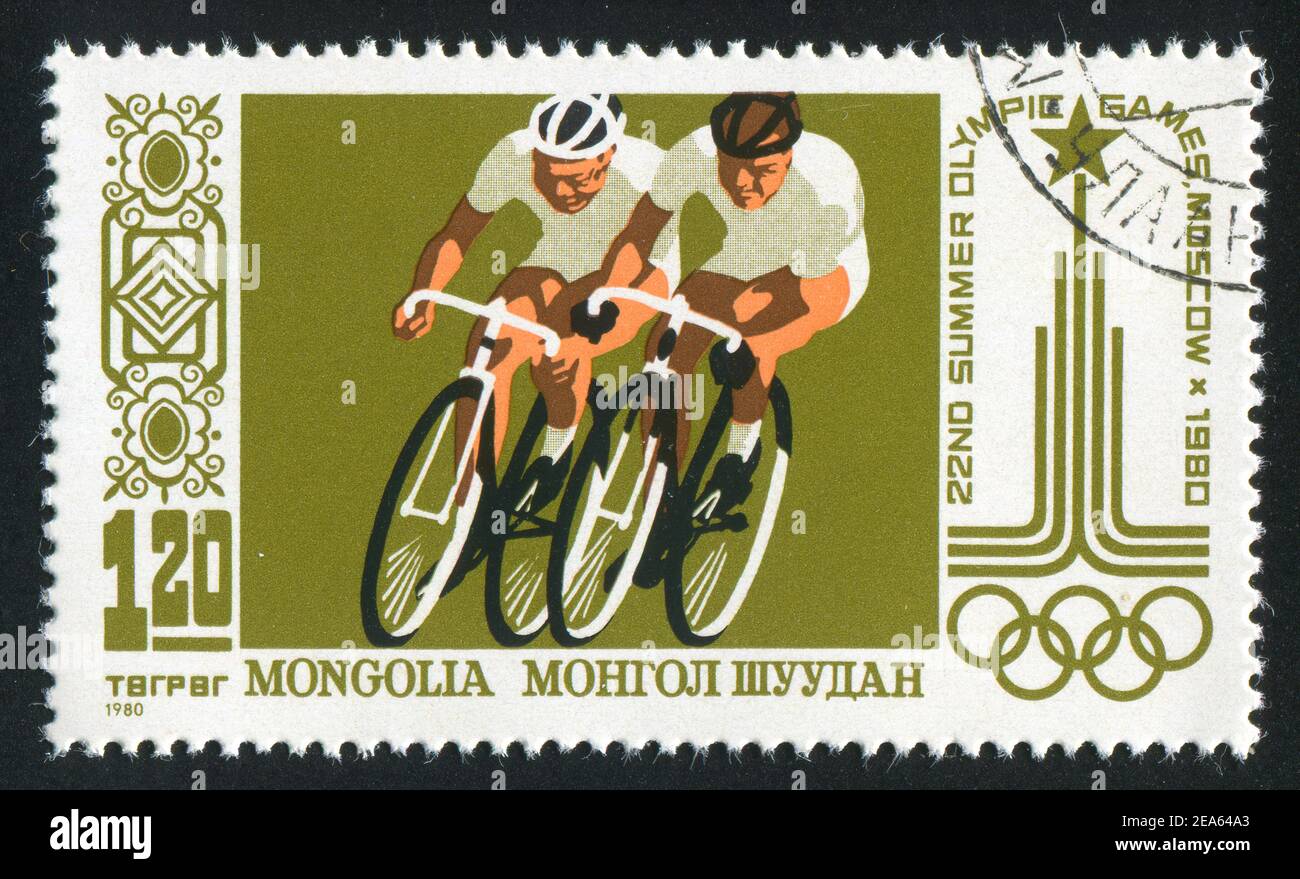 MONGOLIA - CIRCA 1980: Francobollo stampato dalla Mongolia, spettacoli in bicicletta, circa 1980 Foto Stock