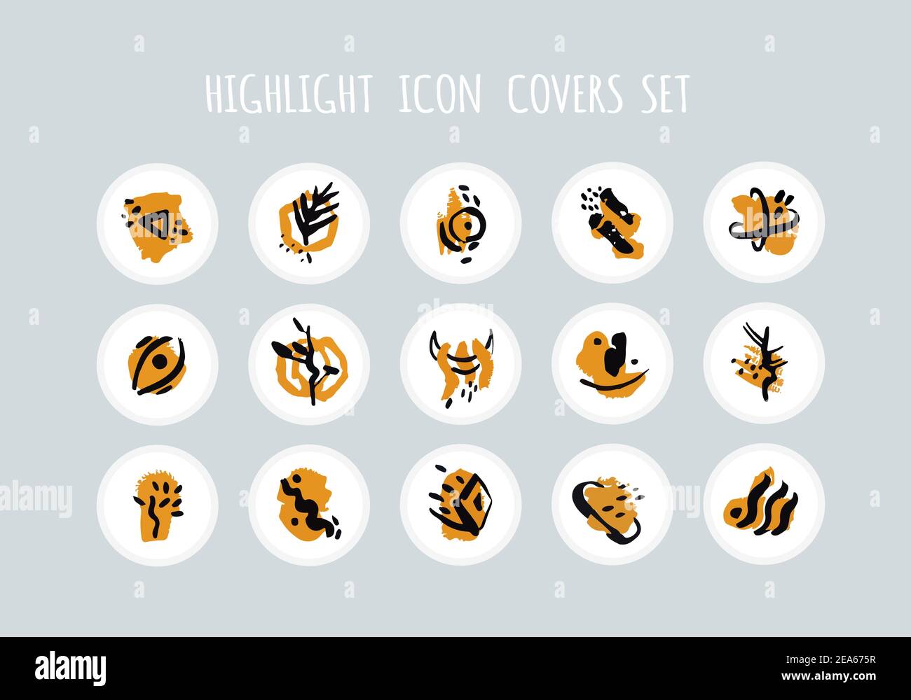 Evidenziare le icone della storia impostate. Copertina evidenziante astratta. Set di forme a doodle disegnate a mano con una linea di tratti audace. Stile boho contemporaneo. Illustrazione vettoriale. Illustrazione Vettoriale