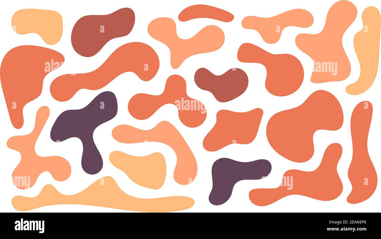 Colore blob irregolare, insieme di forme organiche astratte. Astratti i blob casuali irregolari. Semplice liquido amorfo Splodge. Forme liquide blu arancio. Design minimal alla moda per presentazioni, striscioni, poster e volantini Illustrazione Vettoriale