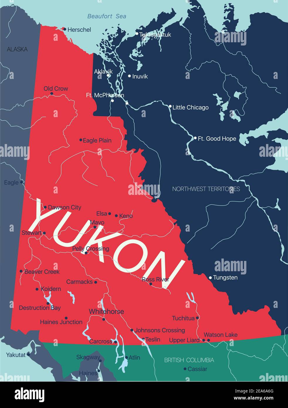 Yukon territorio vettore mappa modificabile del Canada con capitale, frontiere nazionali, città e città, fiumi e laghi. File vettoriale EPS-10 Illustrazione Vettoriale