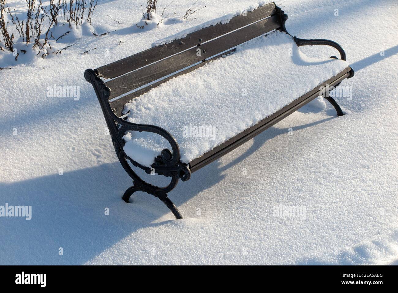 Una panchina nel parco coperto di neve Foto: Bo Arrhed Foto Stock