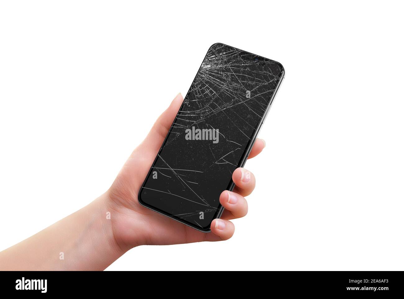 Telefono rotto isolato in mano della donna Foto Stock