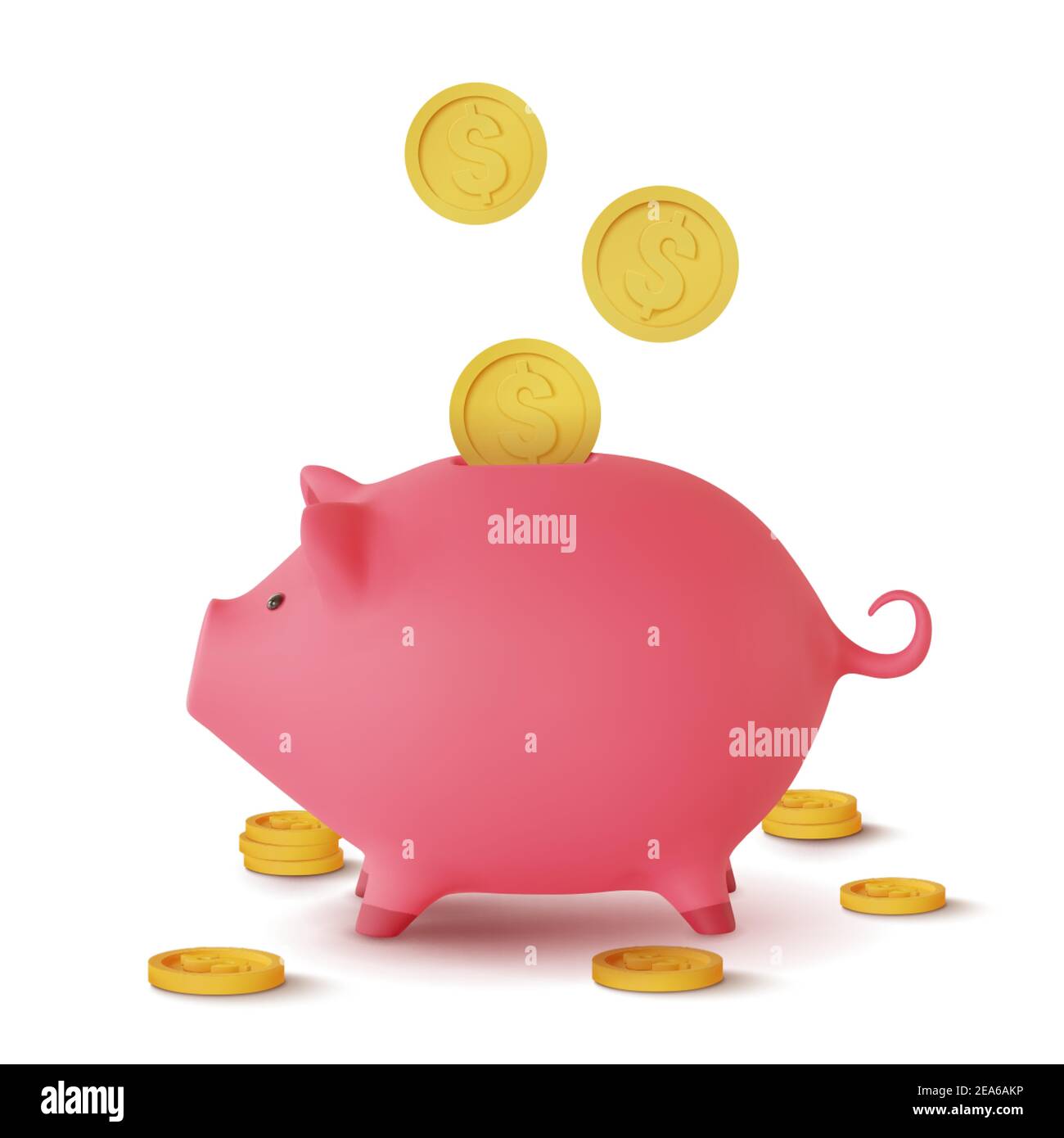 moneybox 3d realistico sotto forma di un maiale e monete che cadono, isolato su sfondo bianco, illustrazione vettoriale Illustrazione Vettoriale