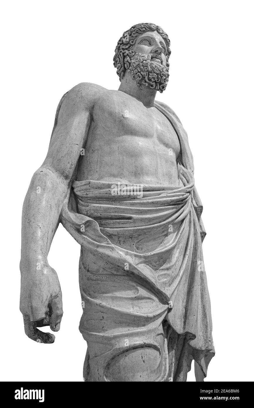 Statua in marmo del dio greco Zeus isolato su sfondo bianco. Scultura antica dell'uomo con barba Foto Stock