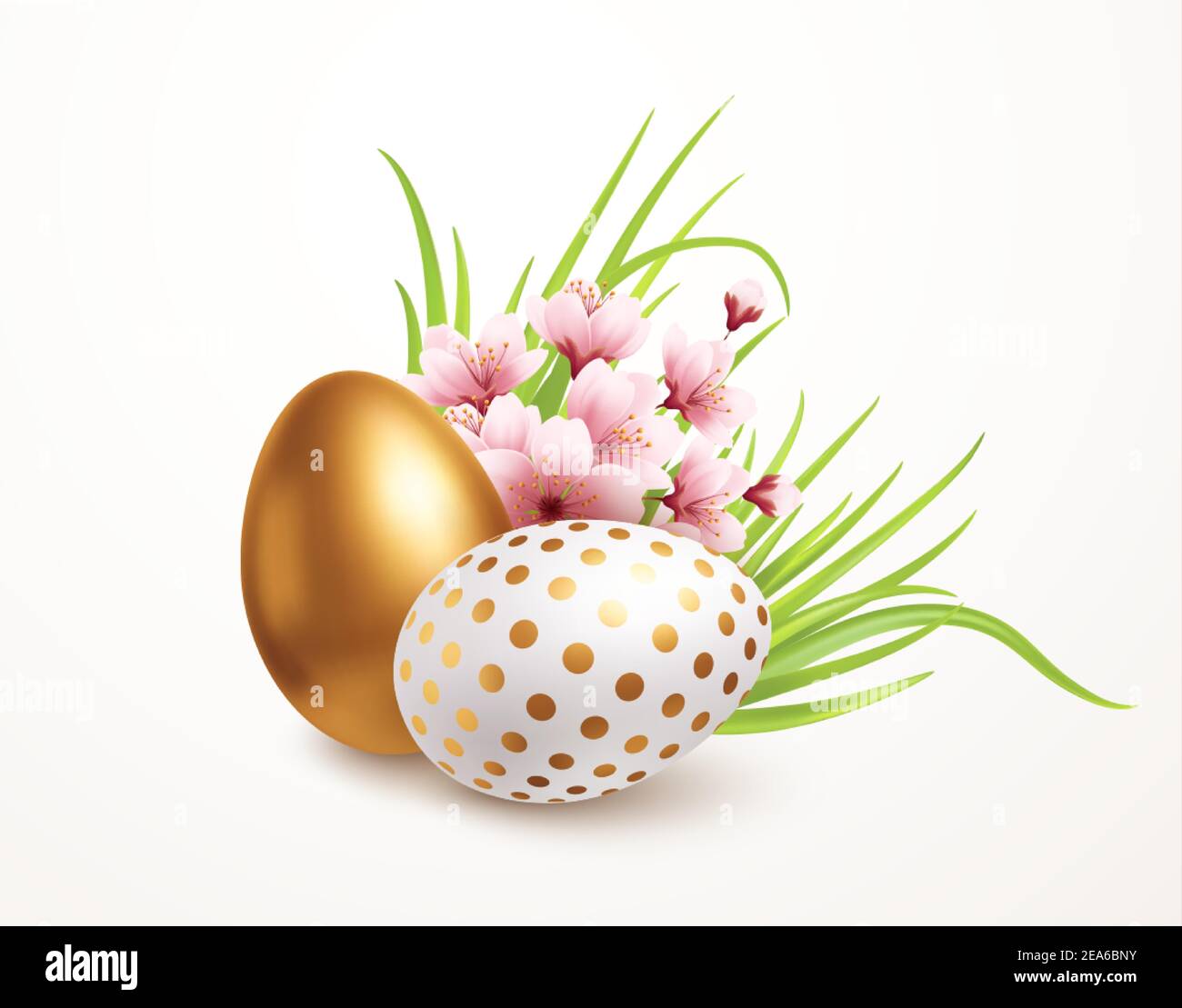 Felice pasqua saluto sfondo con realistiche uova di pasqua e fiori di primavera. Illustrazione vettoriale Illustrazione Vettoriale