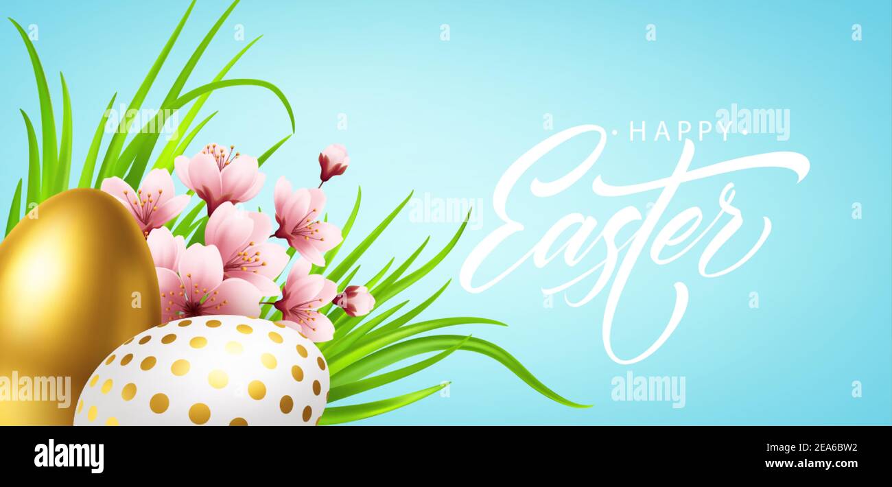 Felice pasqua saluto sfondo con realistiche uova di pasqua e fiori di primavera. Illustrazione vettoriale Illustrazione Vettoriale