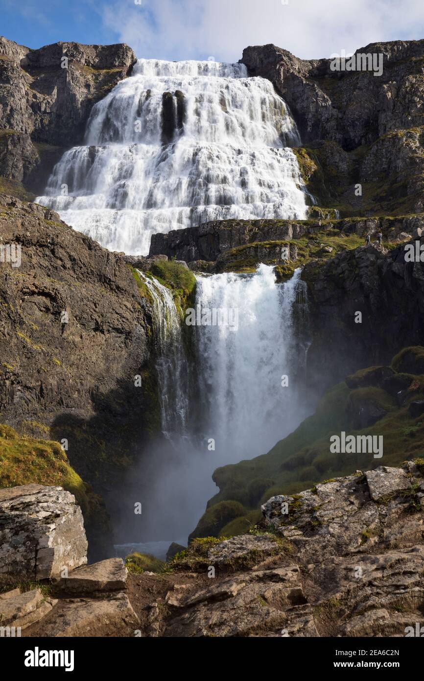 Dynjandi, Fjallfoss, Wasserfall des Flusses Dynjandisá, größter Wasserfall nelle isole den Westfjorden, Westfjorde, Vestfirðir, Fjord, Fjordlandschaft, Foto Stock