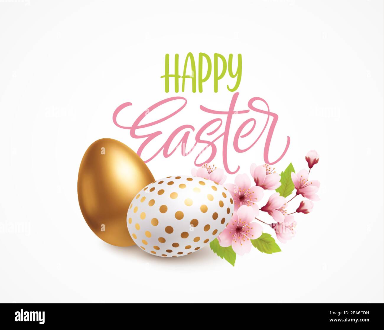 Felice pasqua saluto sfondo con realistiche uova di pasqua e fiori di primavera. Illustrazione vettoriale Illustrazione Vettoriale