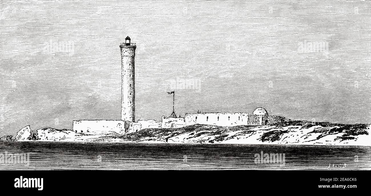 Il faro e le fortificazioni, Alessandria, antico Egitto Storia. Antica illustrazione del 19 ° secolo inciso da El Mundo Ilustrado 1879 Foto Stock