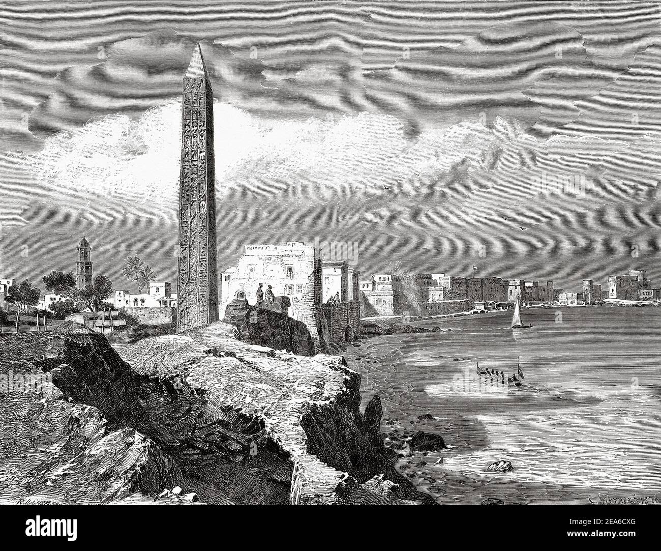 Aghi di Cleopatra, Obelischi ad Alessandria. Antico Egitto Storia. Antica illustrazione del 19 ° secolo inciso da El Mundo Ilustrado 1879 Foto Stock