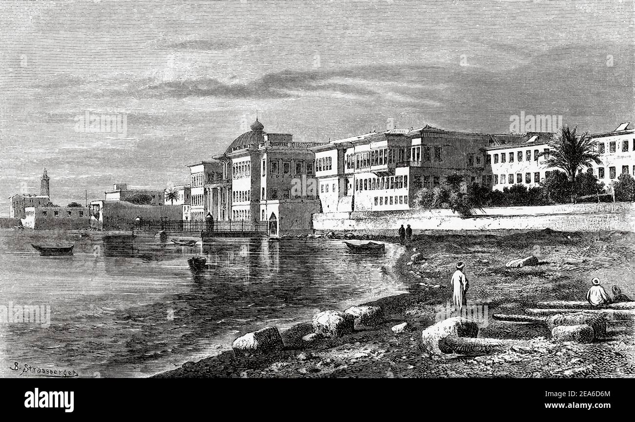 Vista del palazzo Khedive ad Alessandria. Antico Egitto Storia. Antica illustrazione del 19 ° secolo inciso da El Mundo Ilustrado 1879 Foto Stock