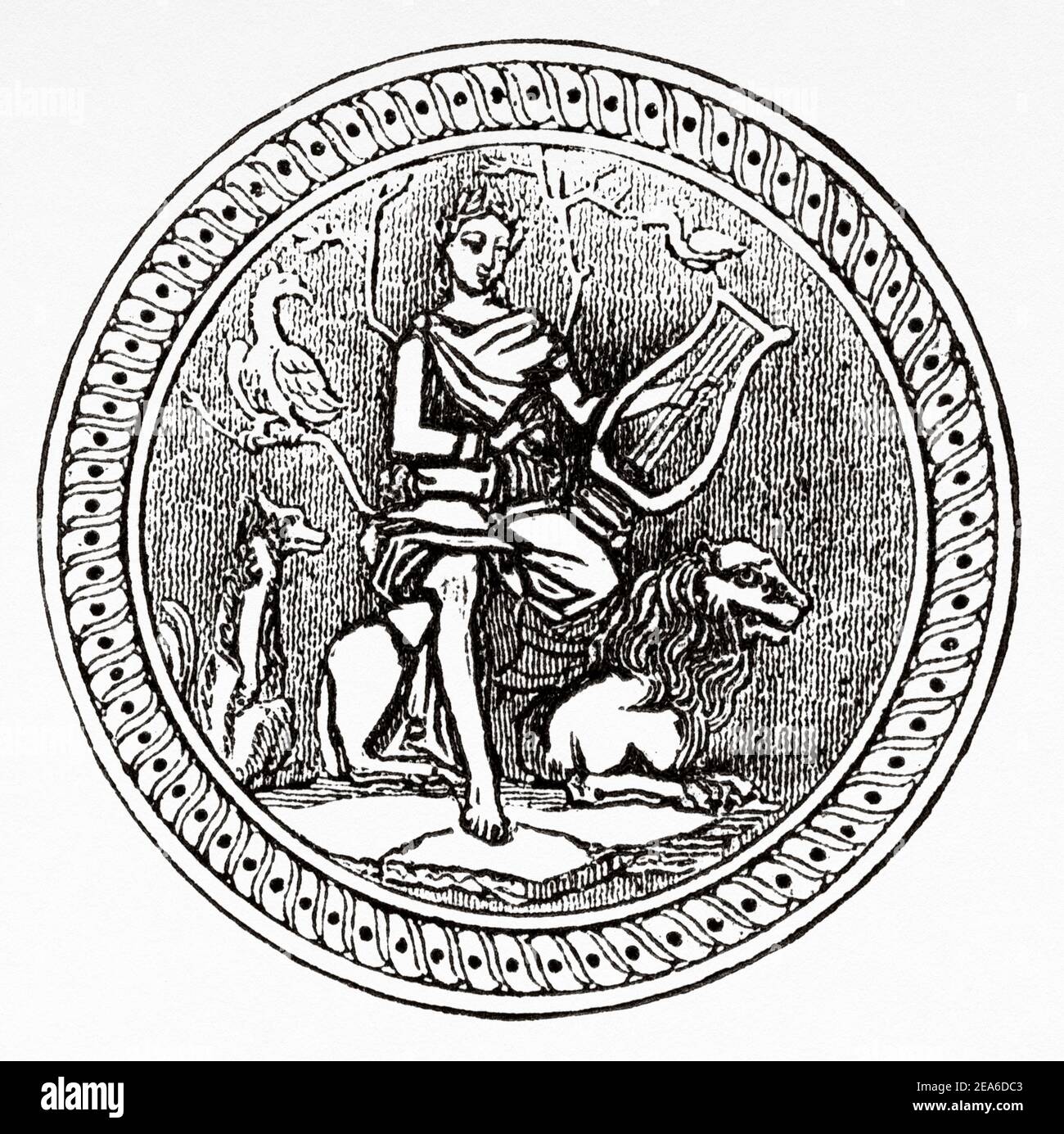 Orfeo attrae animali selvatici al suono della sua lira, personaggio mitologico greco. Antica Grecia Storia. Antica illustrazione del 19 ° secolo inciso da El Mundo Ilustrado 1879 Foto Stock