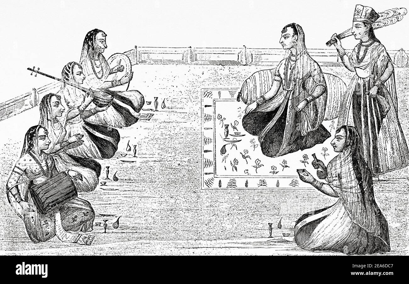 Concerto di musica prima di una principessa dell'India. Antica illustrazione del 19 ° secolo inciso da El Mundo Ilustrado 1879 Foto Stock