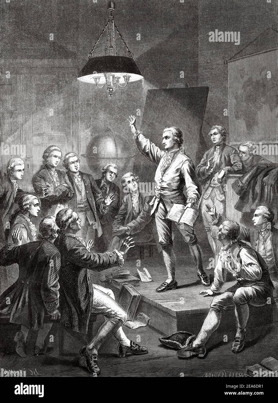 Il poeta Johann Christoph Friedrich von Schiller (1759-1805) recita una poesia. Poeta, filosofo e storico tedesco. Germania, Europa. Antica illustrazione del 19 ° secolo inciso da El Mundo Ilustrado 1879 Foto Stock