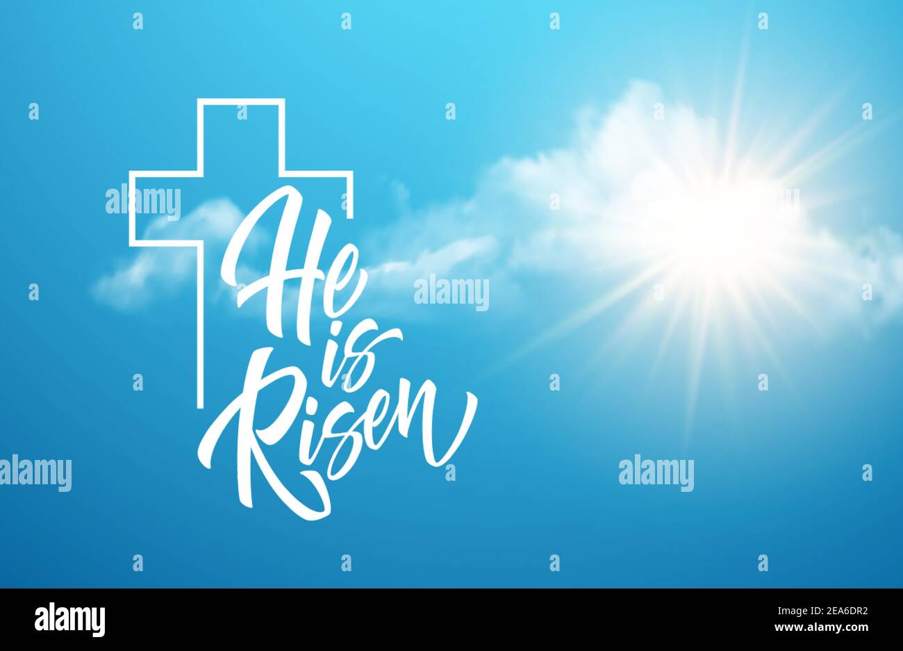 Fu risorto con scritte sullo sfondo di nuvole e sole. Contesto di congratulazioni per la risurrezione di Cristo. Illustrazione vettoriale Illustrazione Vettoriale