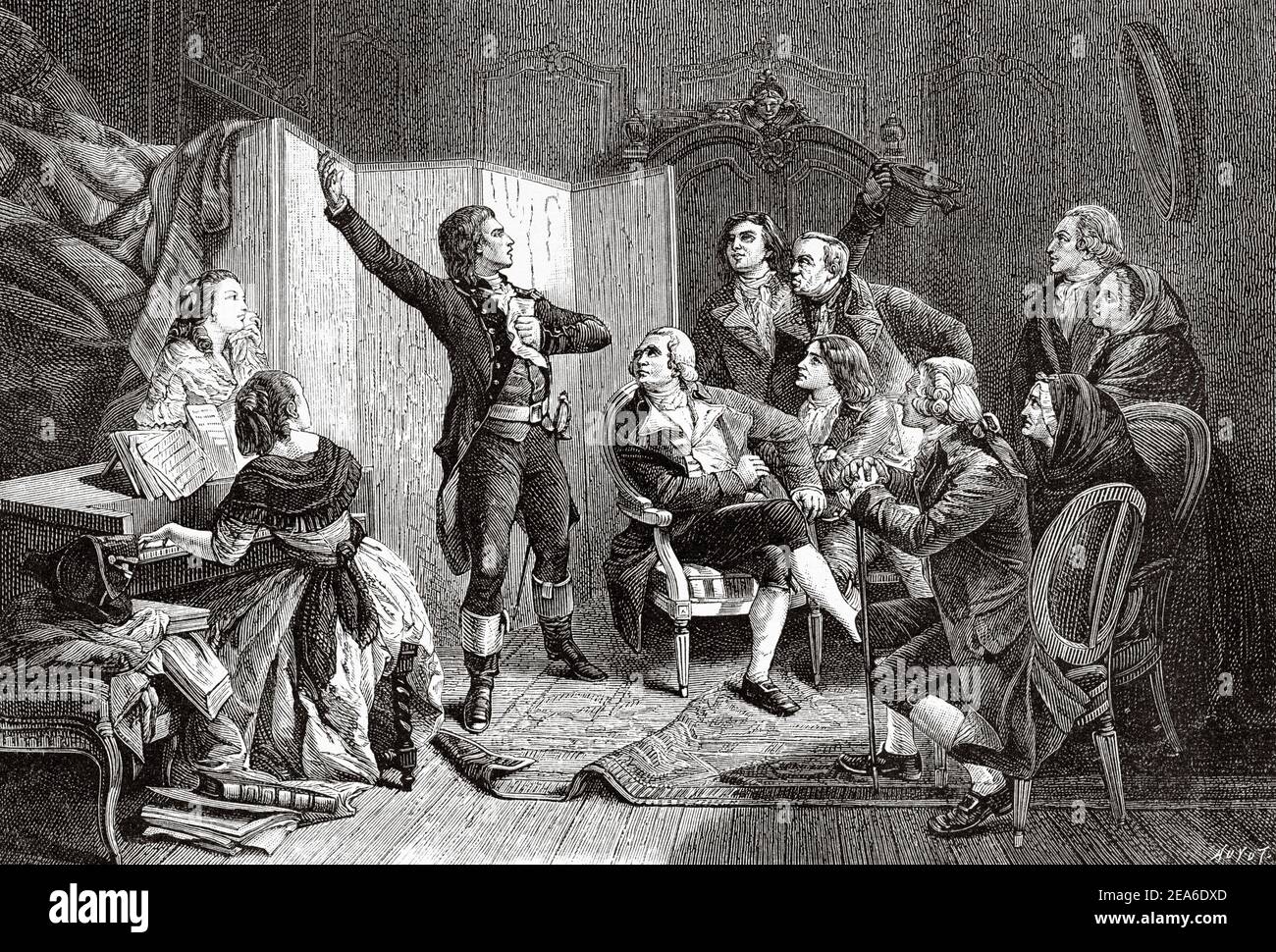 Rouget de l'Isle cantava la Marseillaise per la prima volta. Rivoluzione francese 18 ° secolo, Francia. Europa. Antica illustrazione del 19 ° secolo inciso da El Mundo Ilustrado 1879 Foto Stock