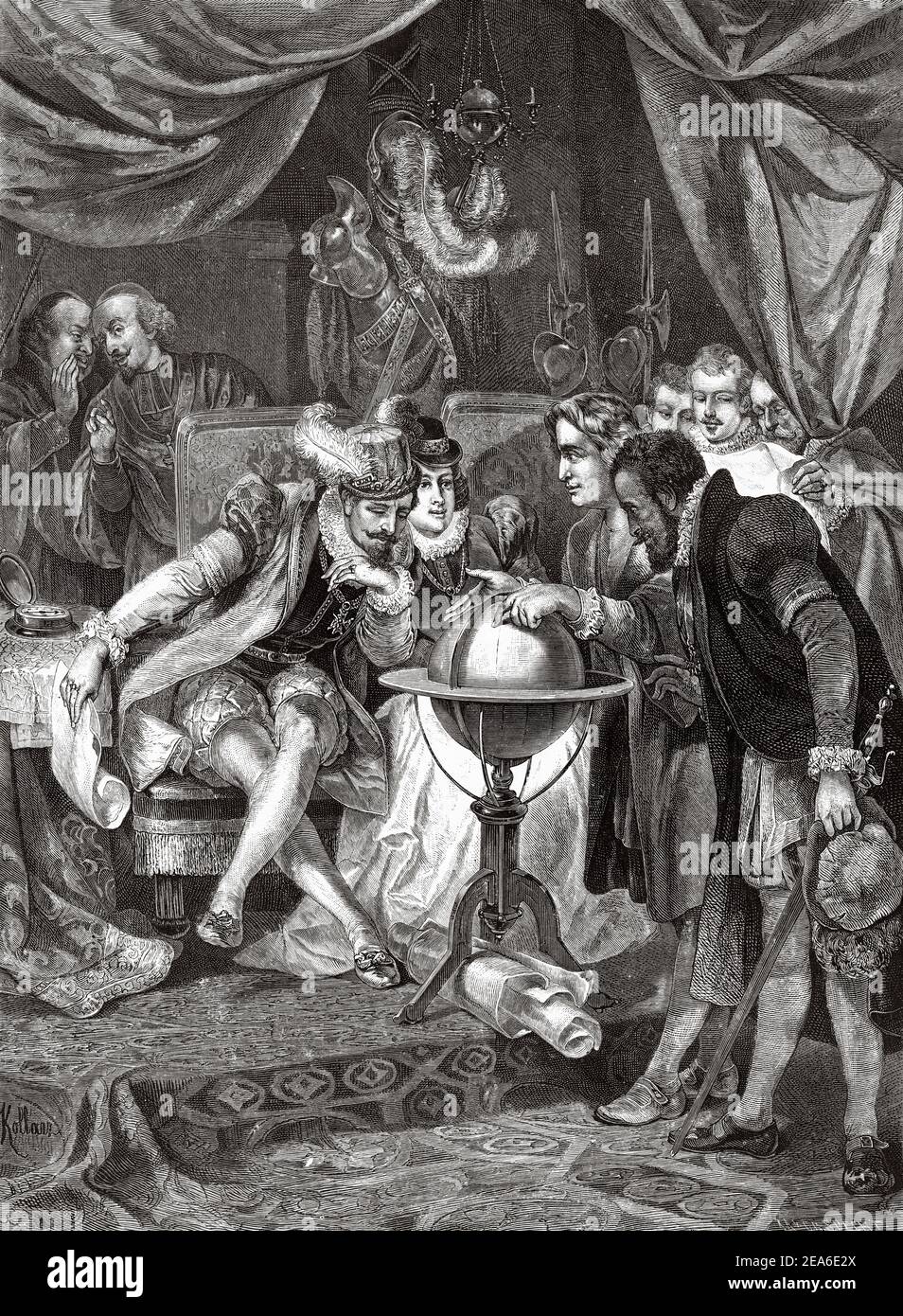 Cristoforo Colombo ricevuto da Ferdinando e Isabella a Santa Fe. Le Capitulazioni di Santa Fe sono state un documento scritto dai Monarchi Cattolici il 17 aprile 1492, che comprende gli accordi raggiunti con Cristoforo Colombo riguardo alla prevista spedizione via mare verso ovest di quest'ultimo. Granada, Andalusia. Spagna, Europa. Antica illustrazione del 19 ° secolo inciso da El Mundo Ilustrado 1879 Foto Stock