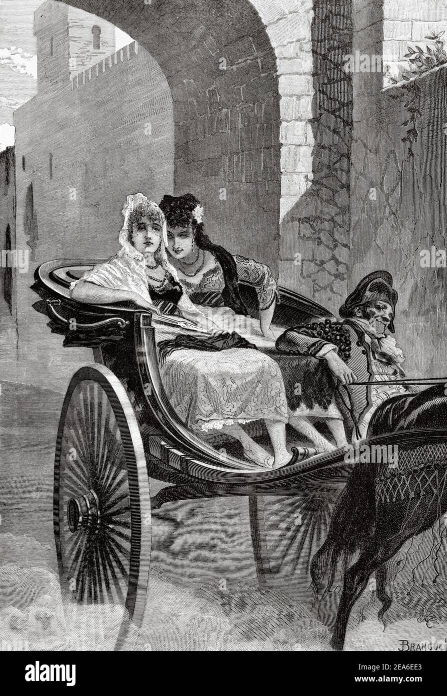 Diciannovesimo secolo donne spagnole vestite in tipico abito da fiera che viaggiano in una carrozza trainata da cavalli aperta per andare a una corrida a Siviglia, Andalusia. Spagna, Europa. Antica illustrazione del 19 ° secolo inciso da El Mundo Ilustrado 1879 Foto Stock