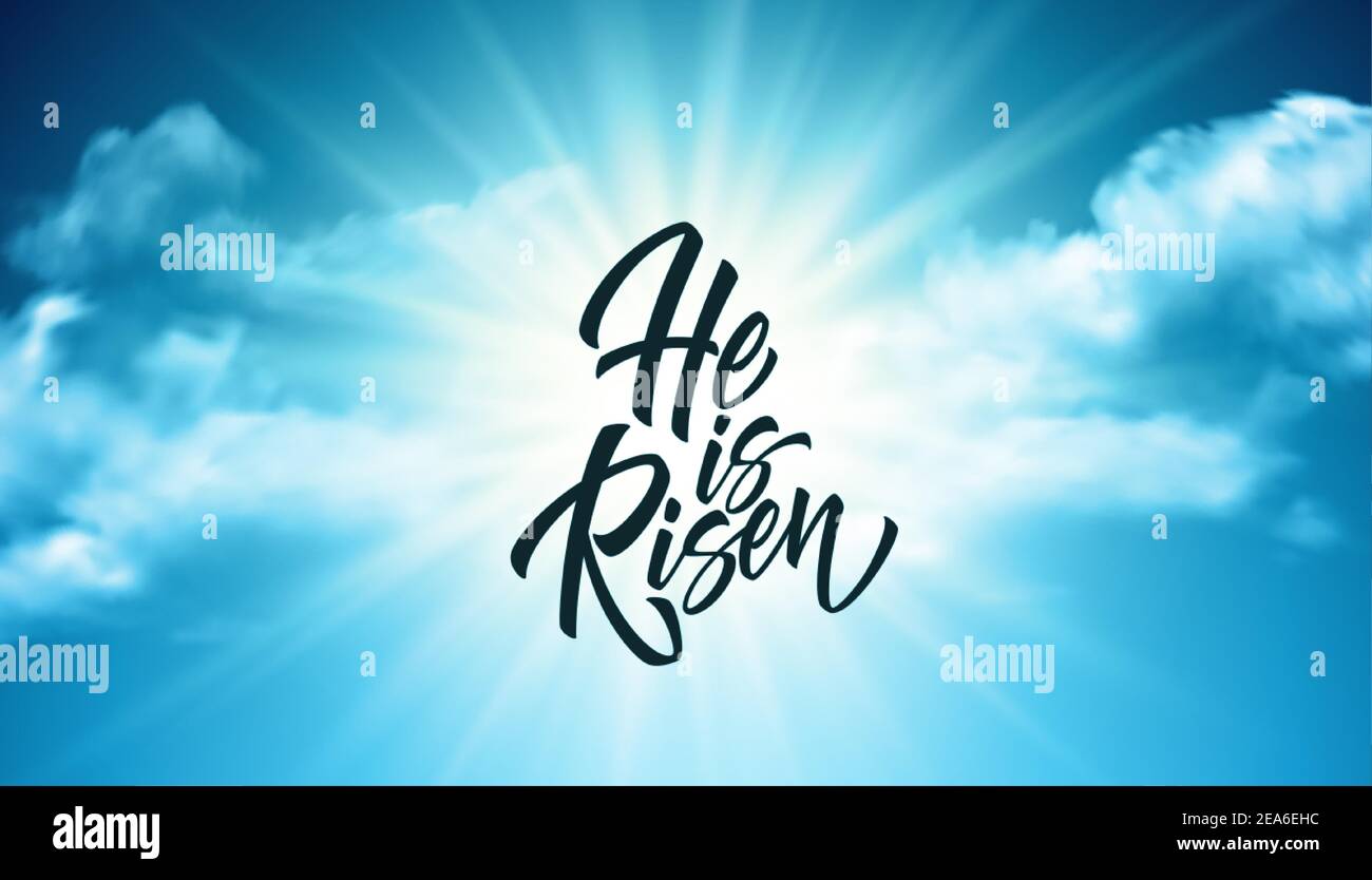 Fu risorto con scritte sullo sfondo di nuvole e sole. Contesto di congratulazioni per la risurrezione di Cristo. Illustrazione vettoriale Illustrazione Vettoriale