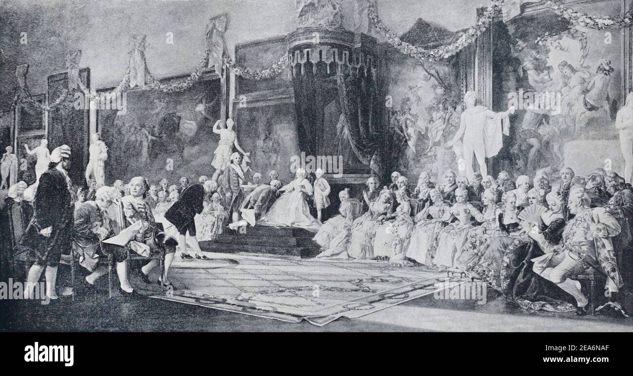 Pittura di V.I. Jacobi 'il primo atto all'Accademia Imperiale delle Arti'. Al centro - l'imperatrice russa Catherine II, Tsarevich Pavel (Paolo) e la società di corte. Foto Stock