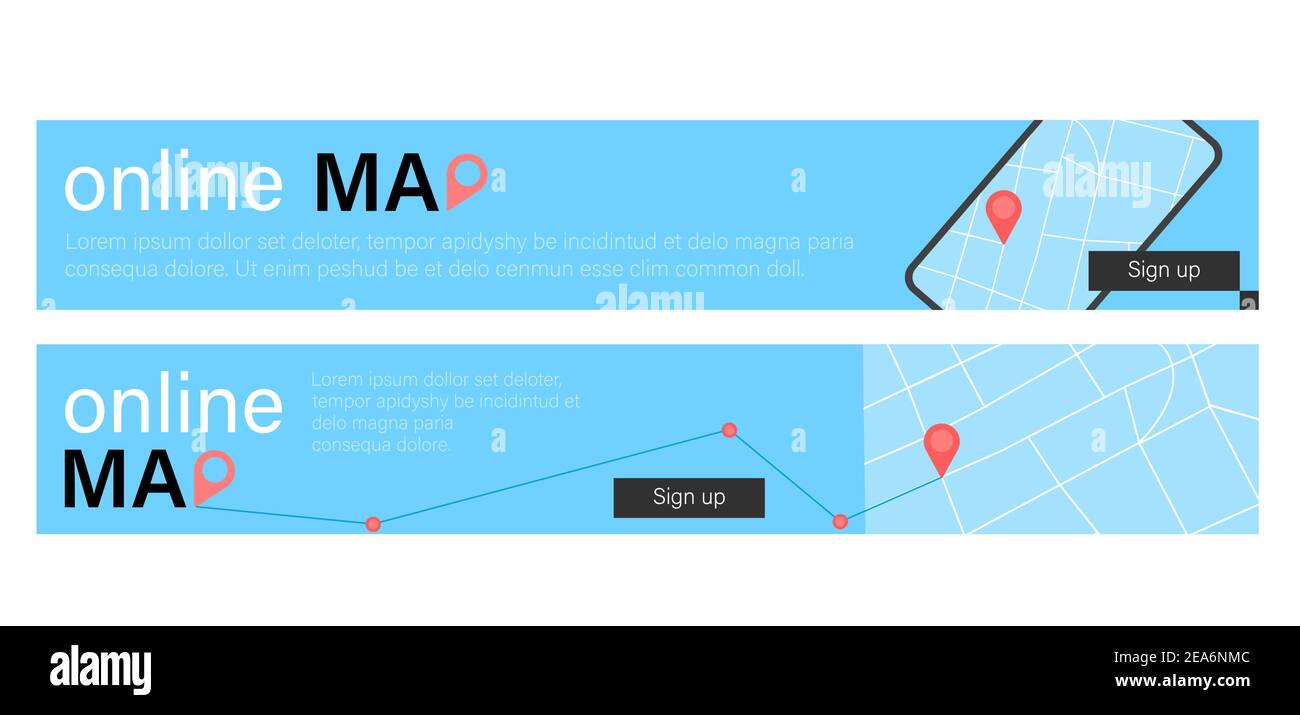 Set di due banner mappa online in design blu Illustrazione Vettoriale