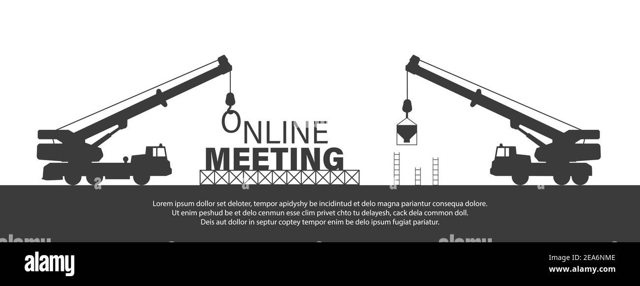 Costruzione sito gru costruzione online meeting testo idea concetto, disegno modello illustrazione vettoriale. Illustrazione Vettoriale