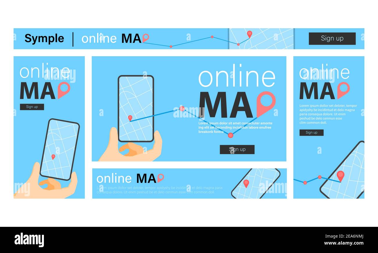 Set di banner mappa online in design blu Illustrazione Vettoriale